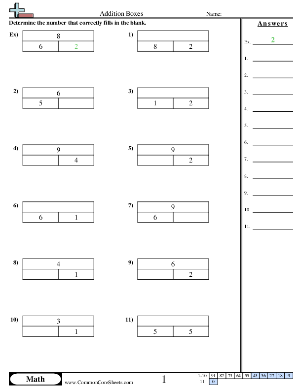 Addition Worksheets - Addition Boxes (to ten) worksheet